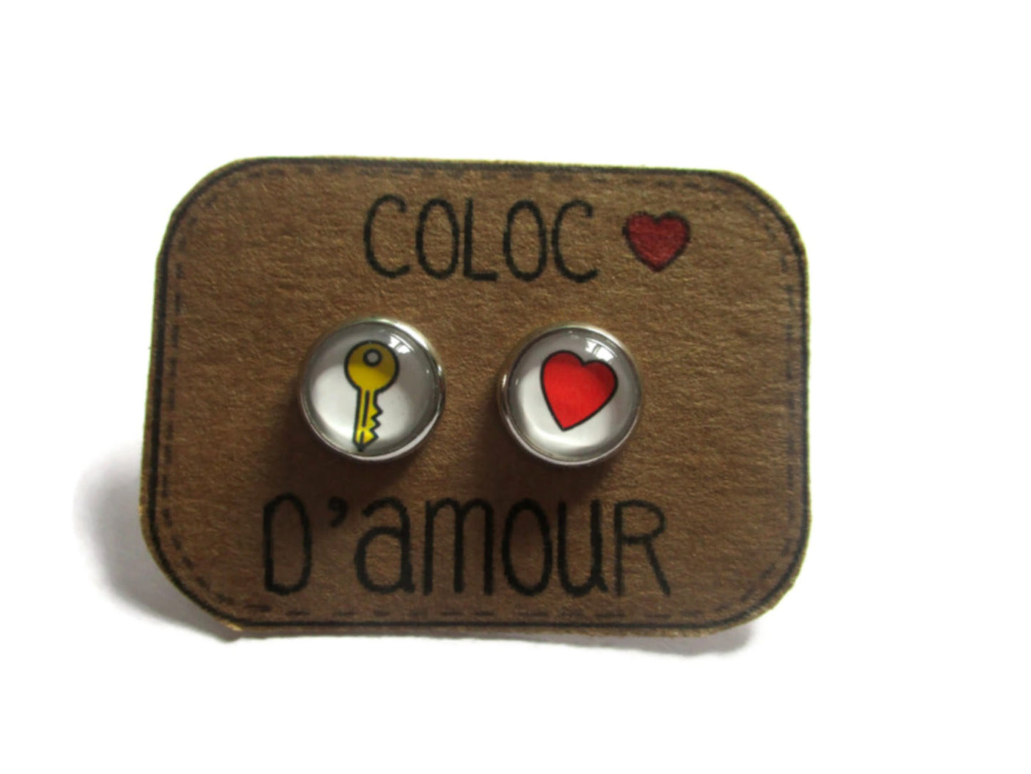 Puces d'Oreilles Coeur Rouge et Clé "Coloc d'Amour"