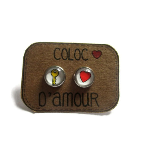 Puces d'Oreilles Coeur Rouge et Clé "Coloc d'Amour"