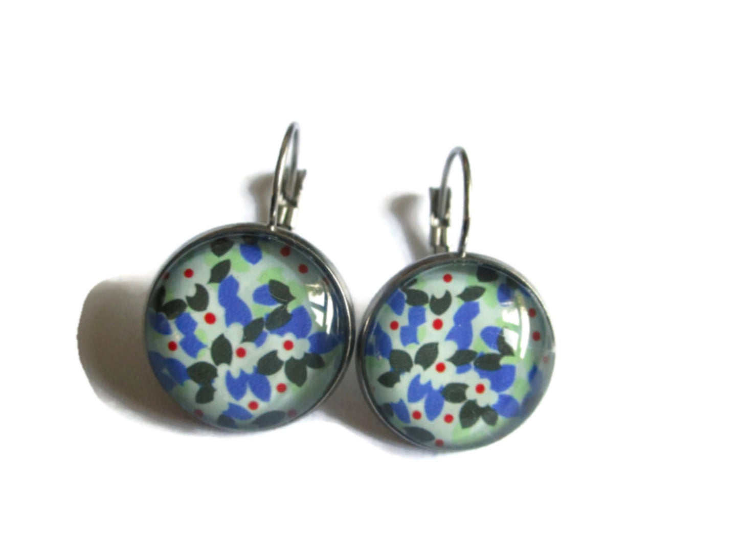 Boucles d'Oreilles Dormeuses Petites Fleurs Bleues et Vert d'eau