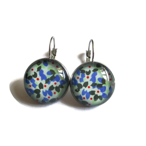 Boucles d'Oreilles Dormeuses Petites Fleurs Bleues et Vert d'eau