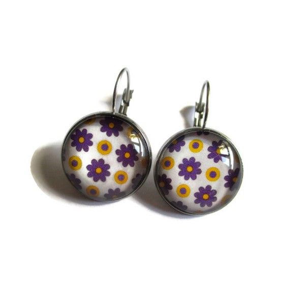 Boucles d'Oreilles Dormeuses Fleurs Violettes et Jaunes