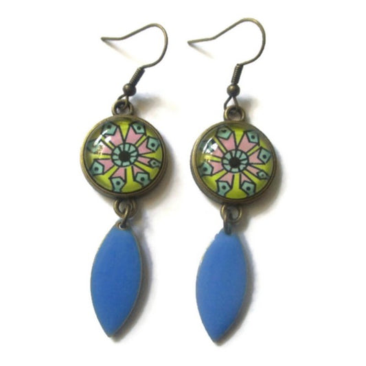 Pop colorful mandala earrings and blue enamel