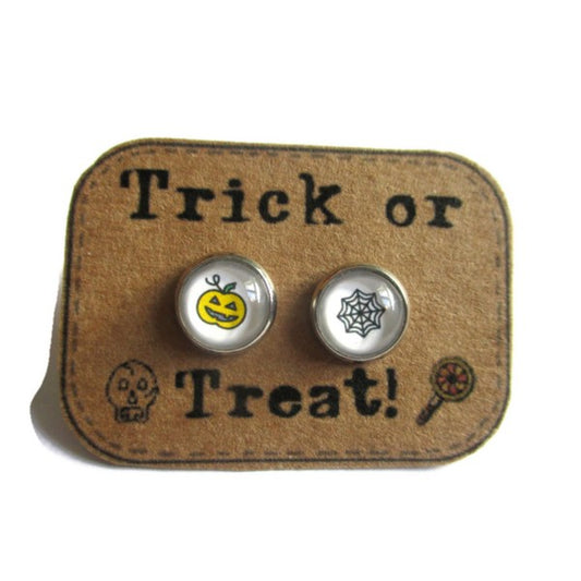 Pumpkins and Spider Web Stud Earrings / "Trick or treat"