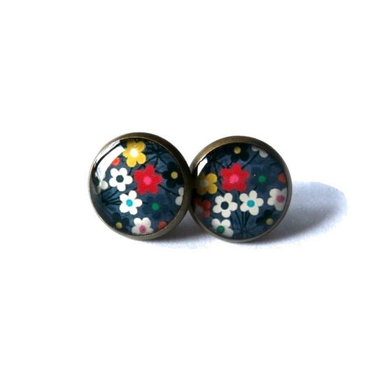 Puces d'Oreilles Fleurs Multicolores sur fond Gris