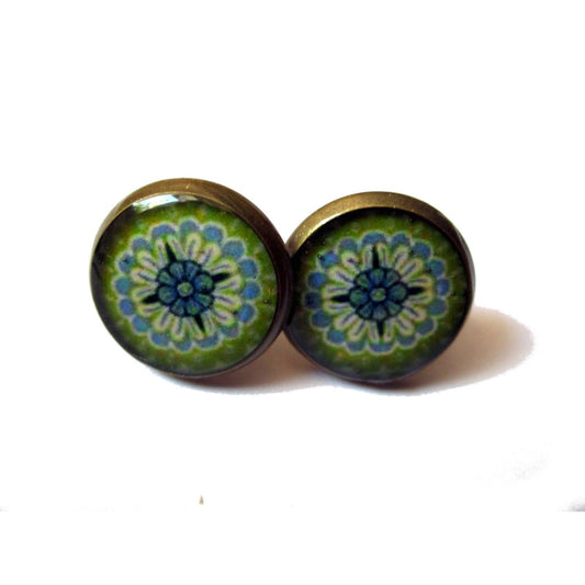 Green Oriental Pattern Stud Earrings