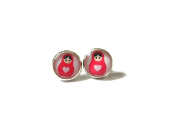 Kids Pink Russian Doll Stud Earrings