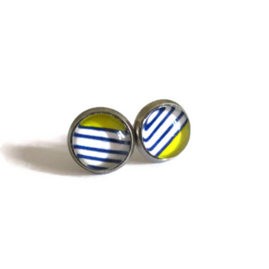 Kids Blue and Yellow Striped Stud Earrings