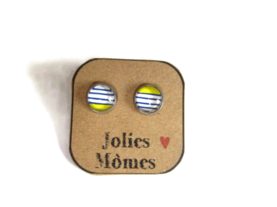 Kids Blue and Yellow Striped Stud Earrings