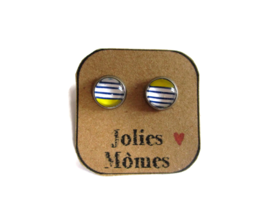 Kids Blue and Yellow Striped Stud Earrings