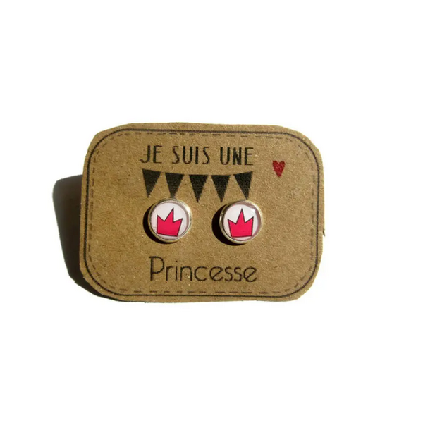 Puces d'Oreilles Enfant Couronnes Roses/ Je suis une Princesse!