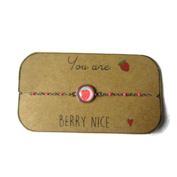 Bracelet Enfant Acier Inoxydable, Fraise/ "You are berry nice !"