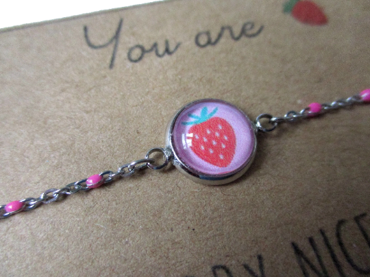 Bracelet Enfant Acier Inoxydable, Fraise/ "You are berry nice !"