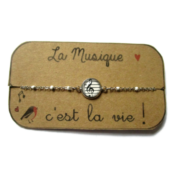 Bracelet Enfant Acier Inoxydable, Clé de Sol/ "La musique c'est la vie!"