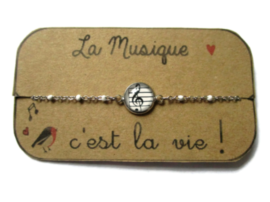 Bracelet Enfant Acier Inoxydable, Clé de Sol/ "La musique c'est la vie!"