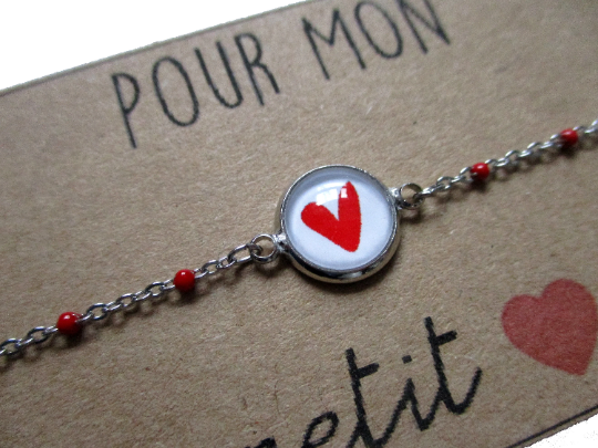 Bracelet Enfant Acier Inoxydable, Coeur Rouge/ Pour Mon Petit Coeur!