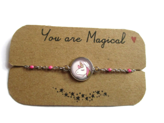 Bracelet Enfant Acier Inoxydable, Licorne Rose