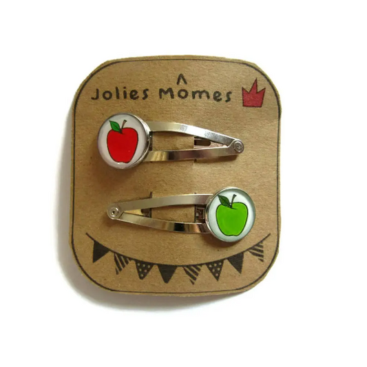 2 Barrettes Enfant Pommes Vertes et Rouges