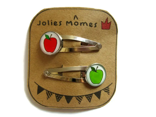 Green and Red Apple Hair Clips