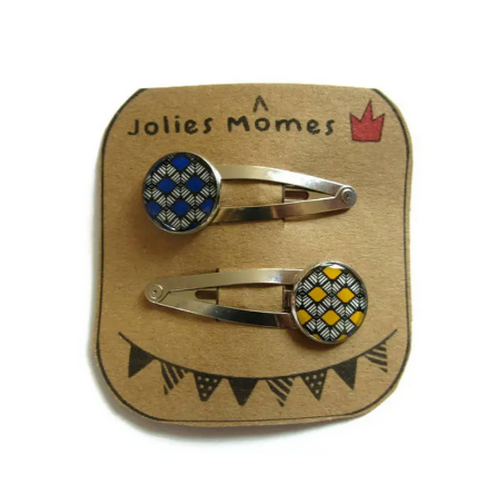 2 Barrettes Enfant Motif Ethnique Bleu et Jaune Moutarde