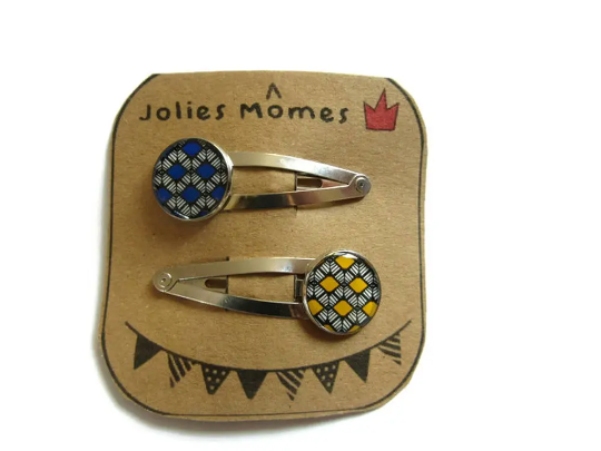 2 Barrettes Enfant Motif Ethnique Bleu et Jaune Moutarde