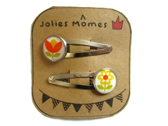 2 Barrettes Enfant Fleurs Vintage Oranges et Jaunes