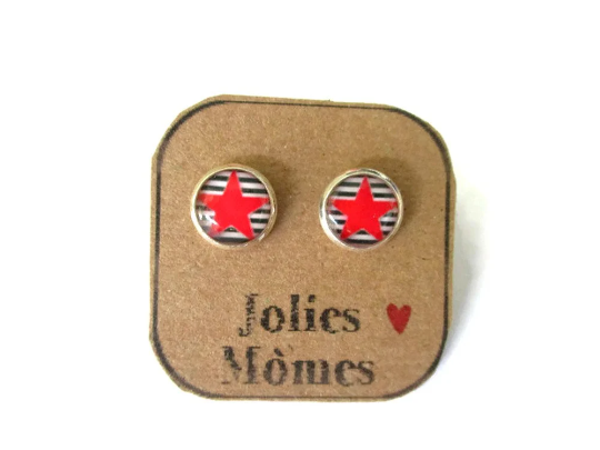 Puces d'Oreilles Enfant Etoiles Rouges et Bleues