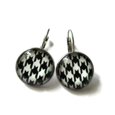 Boucles d'Oreilles Dormeuses pied de poule noir et blanc