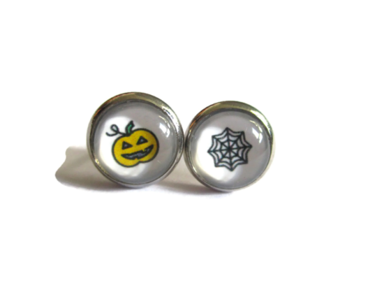 Pumpkin And Spider web Kids Stud Earrings / "Trick or Treat!"