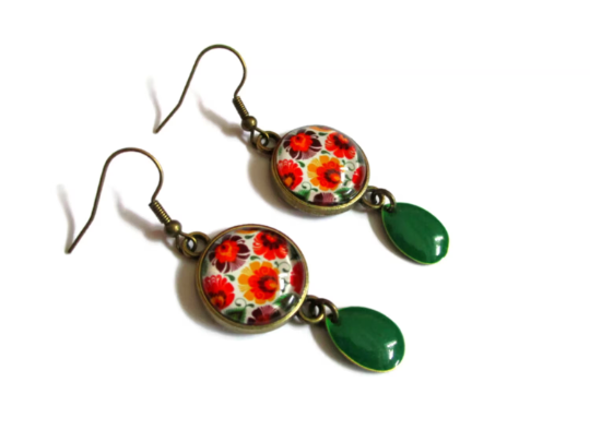 Orange Flower Dangle Earrings, Green Enamel