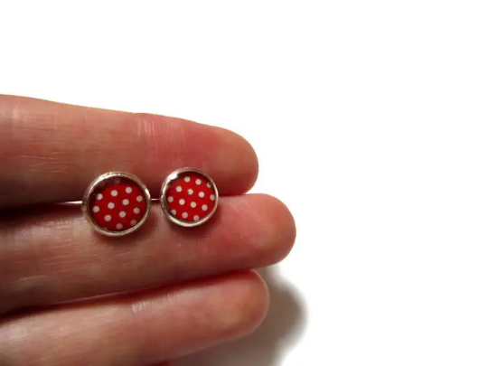 Puces d'Oreilles Enfant Pois Rouges et Blancs