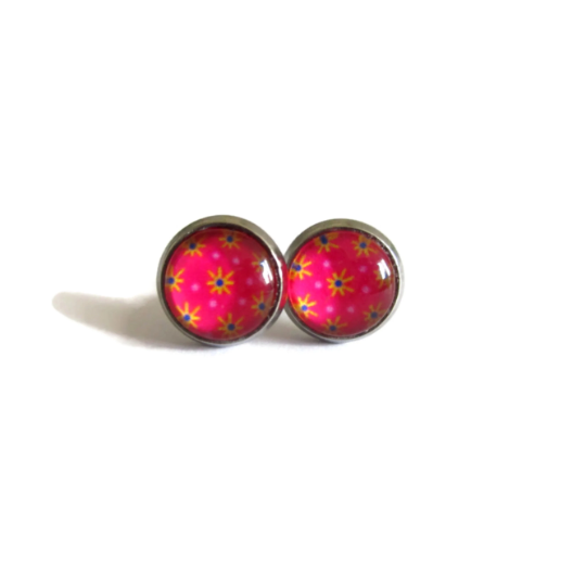 Pink And Orange Floral Kids Stud Earrings