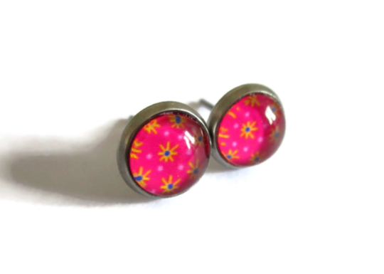 Pink And Orange Floral Kids Stud Earrings