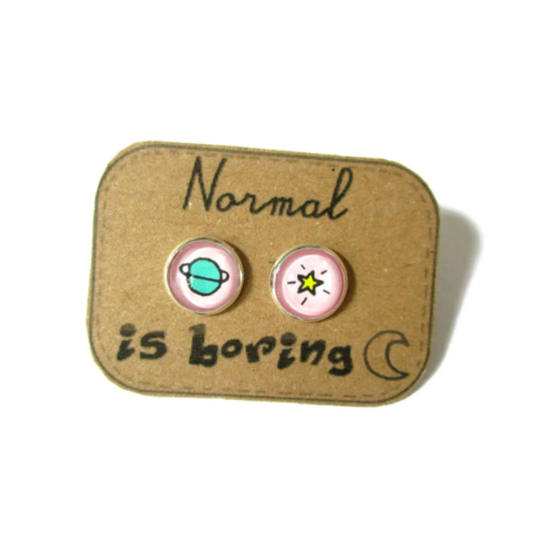 Puces d'Oreilles Enfant Saturne et Etoiles, "Normal is Boring"