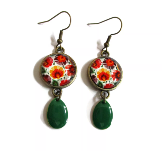 Orange Flower Dangle Earrings, Green Enamel