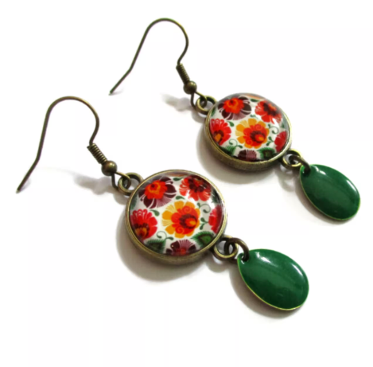 Orange Flower Dangle Earrings, Green Enamel