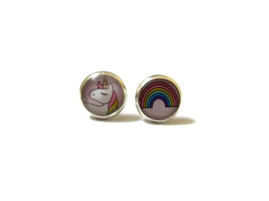 Puces d'Oreilles Enfant Licorne, Arc en Ciel