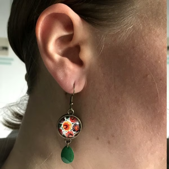 Orange Flower Dangle Earrings, Green Enamel