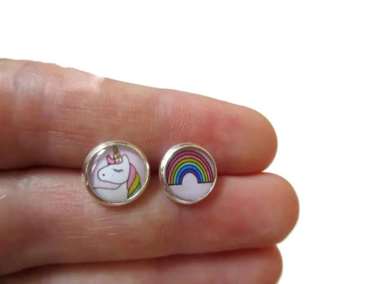 Puces d'Oreilles Enfant Licorne, Arc en Ciel