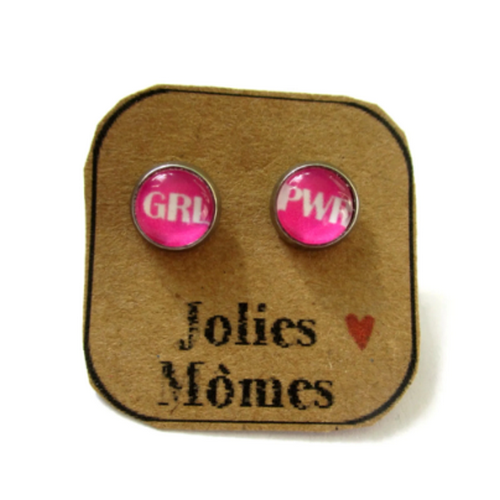 Kids Pink Girl Power Stud Earrings